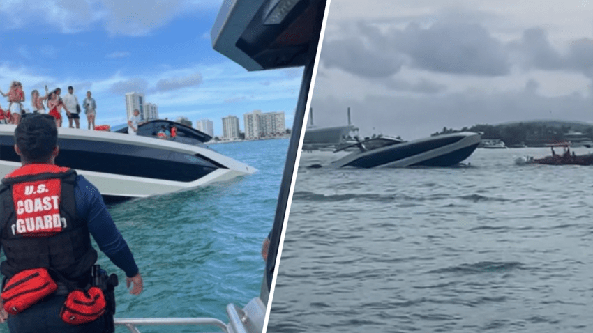 New video shows the aftermath from a Lamborghini yacht that partially sank over the weekend off Miami Beach and led to over 30 people needing to be rescued.